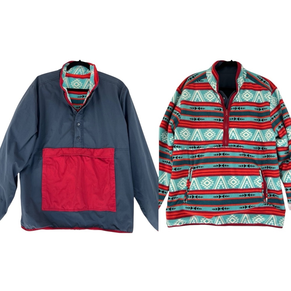 Stoic Reversible Blue Pullover Jacket Fleece Azte… - image 1